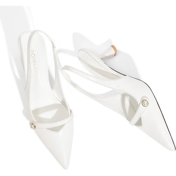 🆕 Women White Polyurethane Kitten Heels Slingback Pearl Pumps - Picture 3 of 8